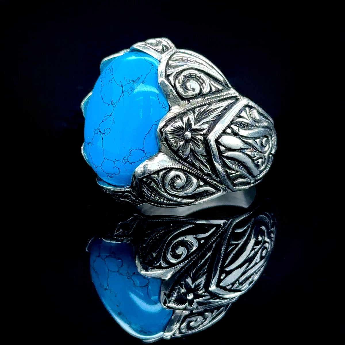Silver Handmade Natural Turquoise Stone Engraved Ring