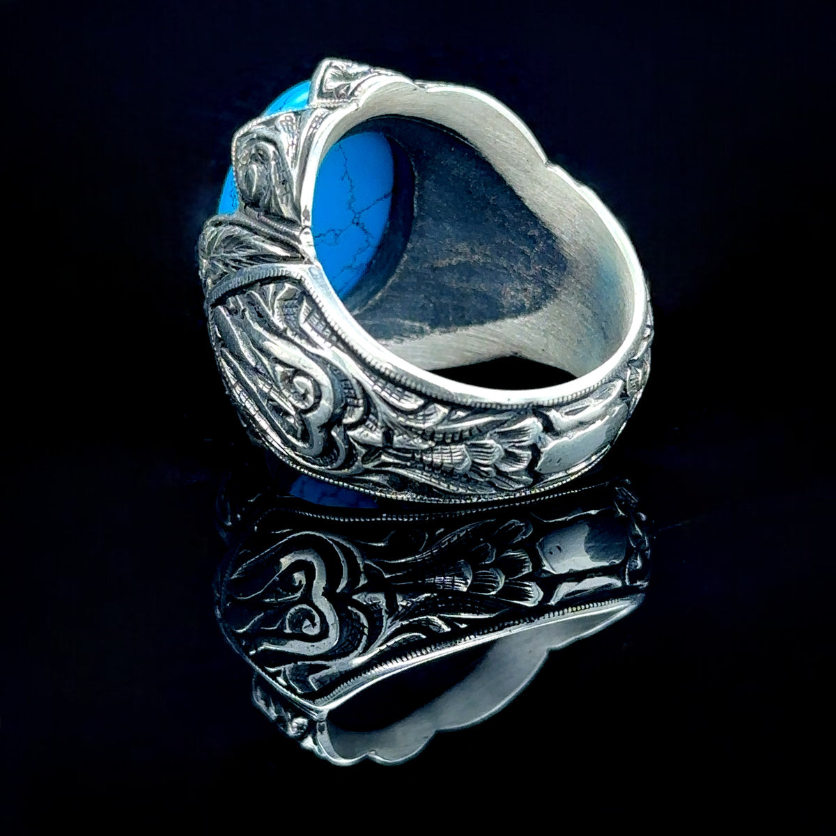 Silver Handmade Natural Turquoise Stone Engraved Ring