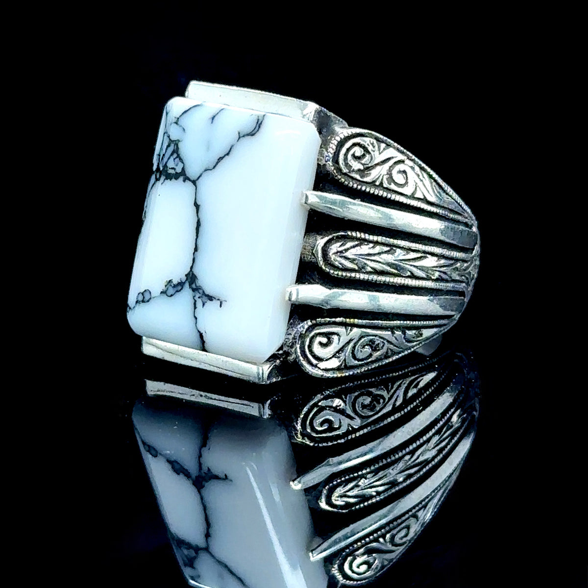 Silver Handmade Natural Engraved Turquoise Stone Ring