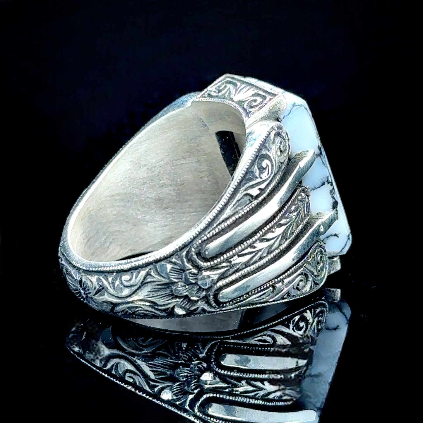Silver Handmade Natural Engraved Turquoise Stone Ring