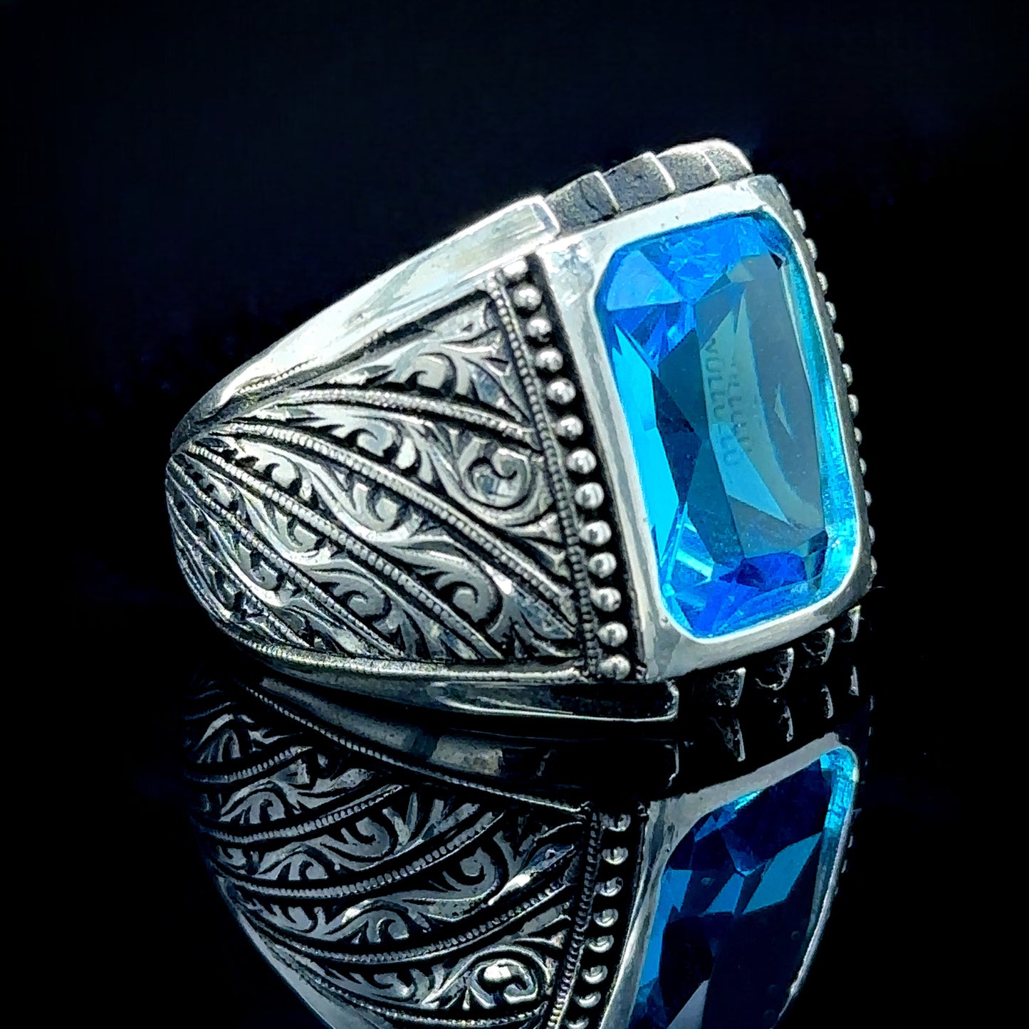 Men Handmade Engraved Natural Aquamarine Stone Ring