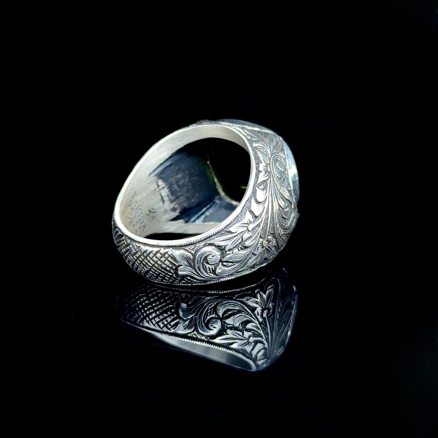 Silver Handmade Natural Peridot Gemstone Engraved Ring