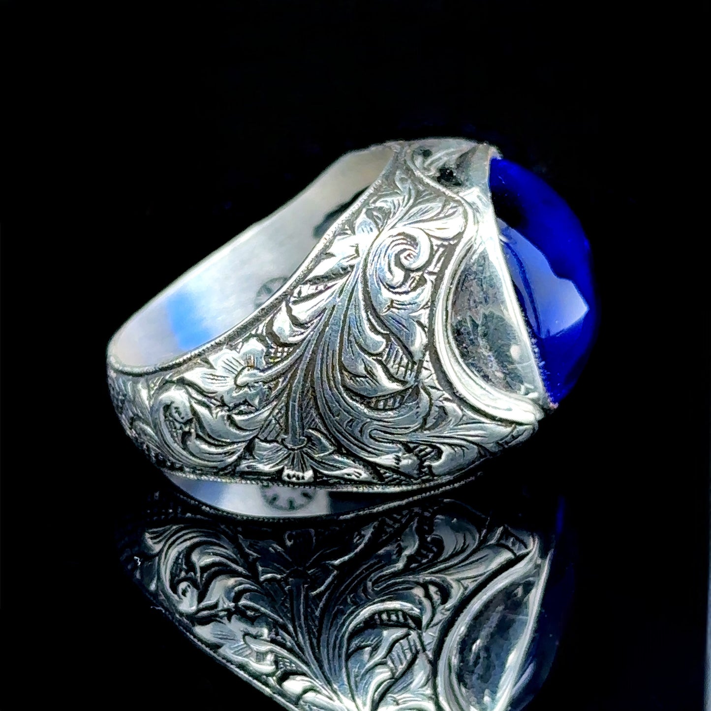 Silver Handmade Natural Sapphire Stone Engraved Ring