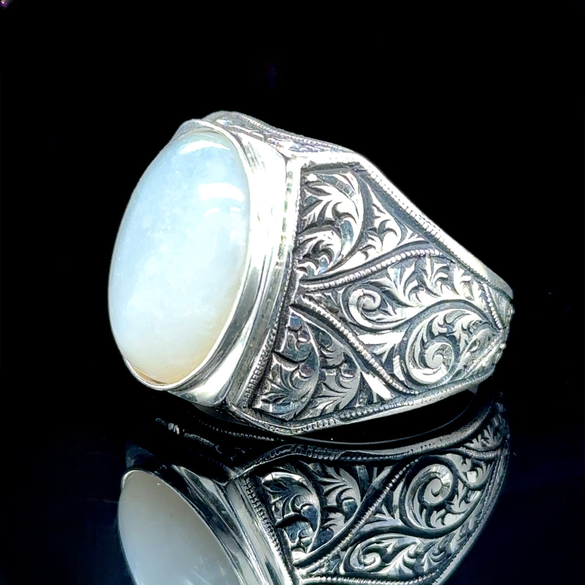 Men Handmade Engraved Natural Raw Stone Moonstone Ring