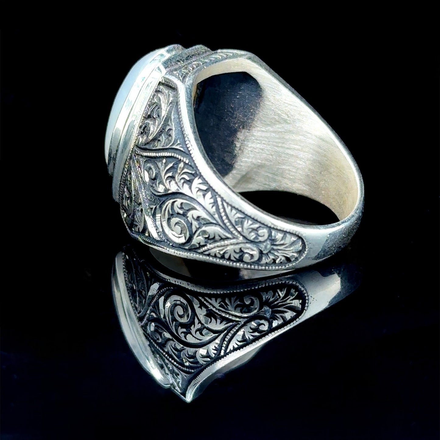 Men Handmade Engraved Natural Raw Stone Moonstone Ring