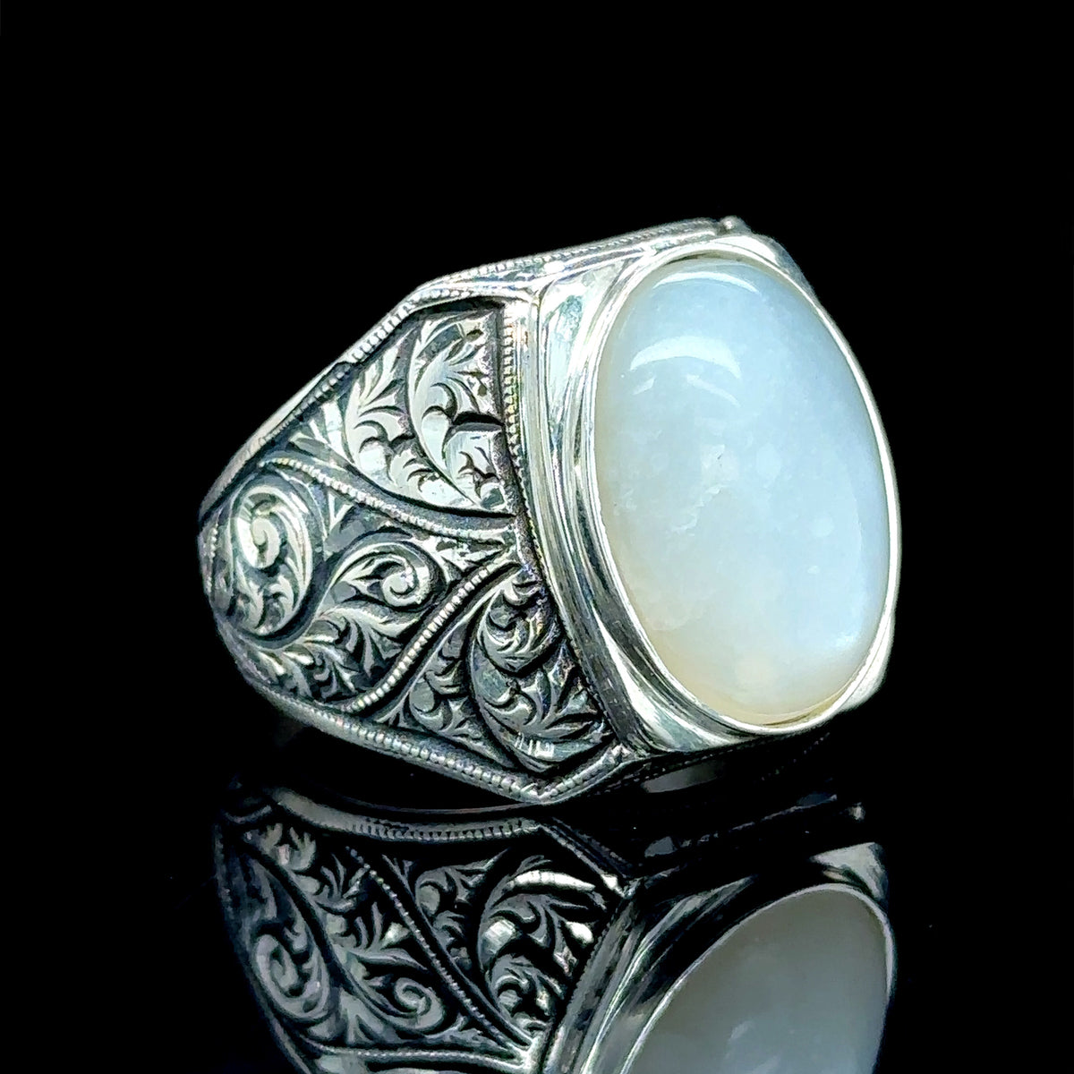 Men Handmade Engraved Natural Raw Stone Moonstone Ring