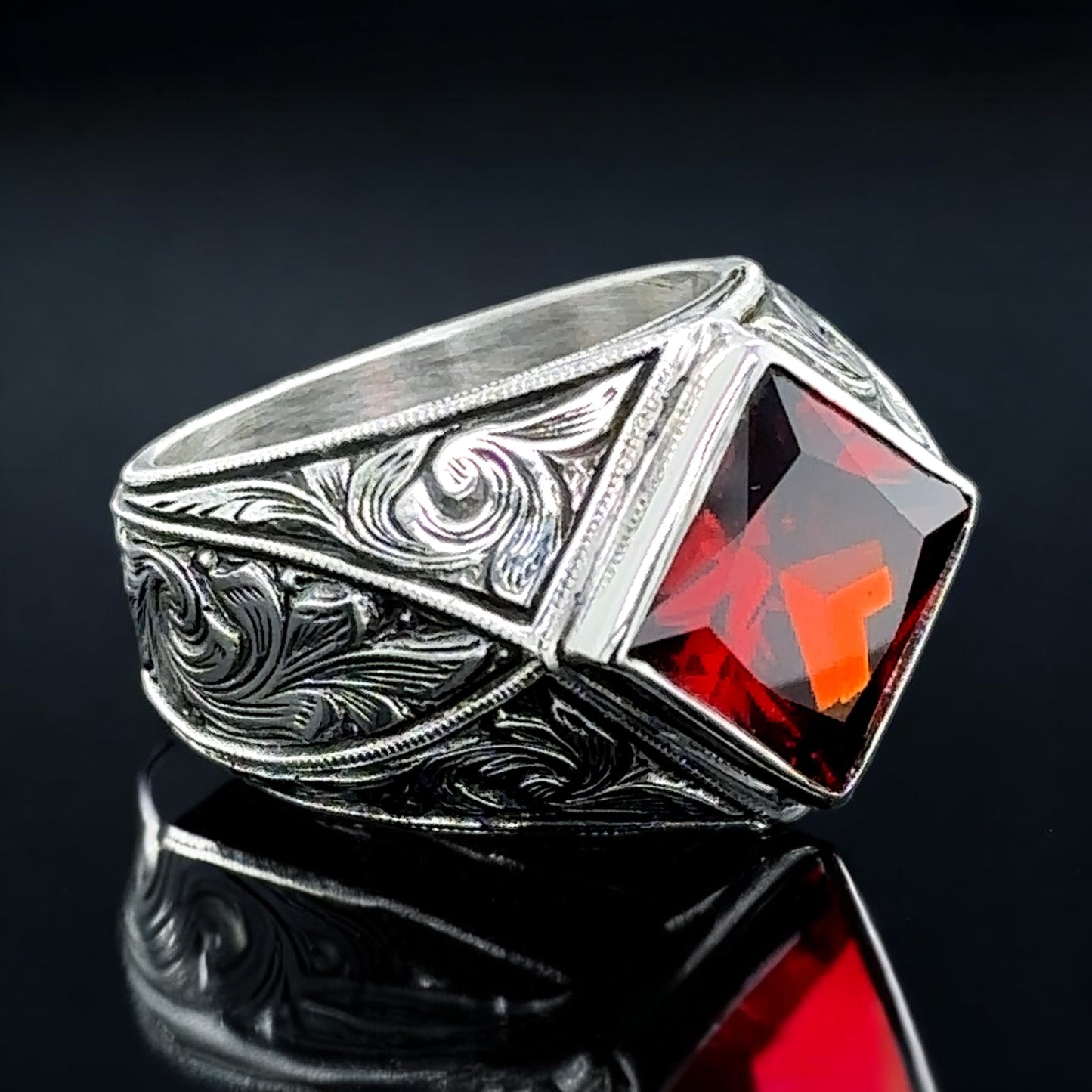 Men Silver Square Engraved Ruby Gemstone Ring