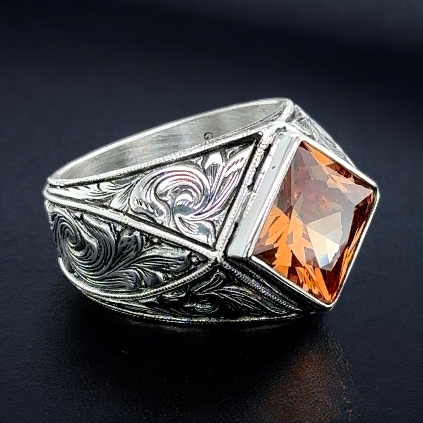 Men Silver Square Citrine Gemstone Engraved Ring