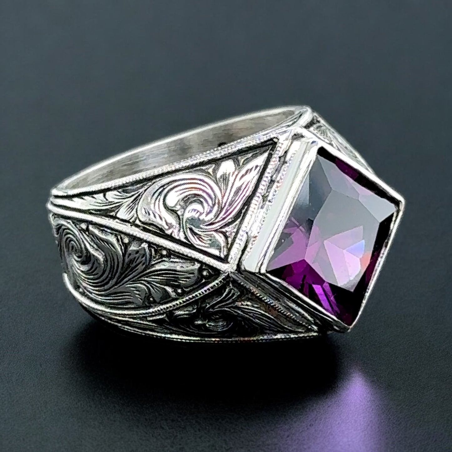 Silver Square Cut Amethyst Engraved Vintage Engagement Ring