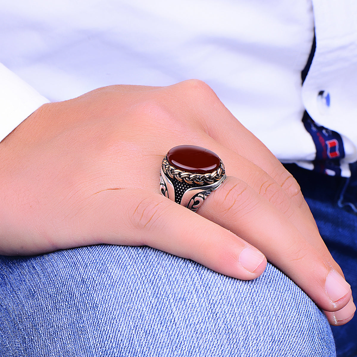 Men Silver Handmade Red Agate Stone Ring