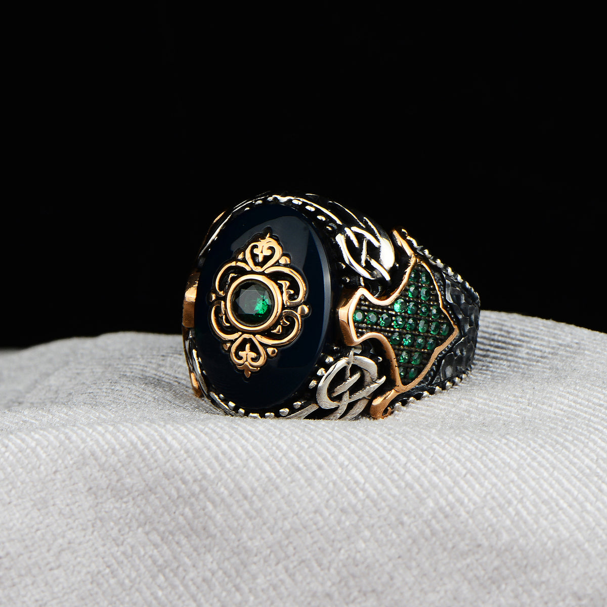 Silver Green Agate Ottoman Style Ring