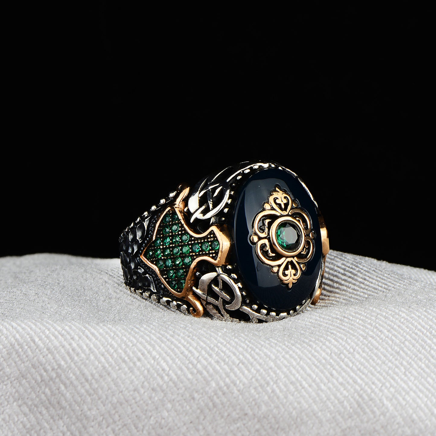 Silver Green Agate Ottoman Style Ring