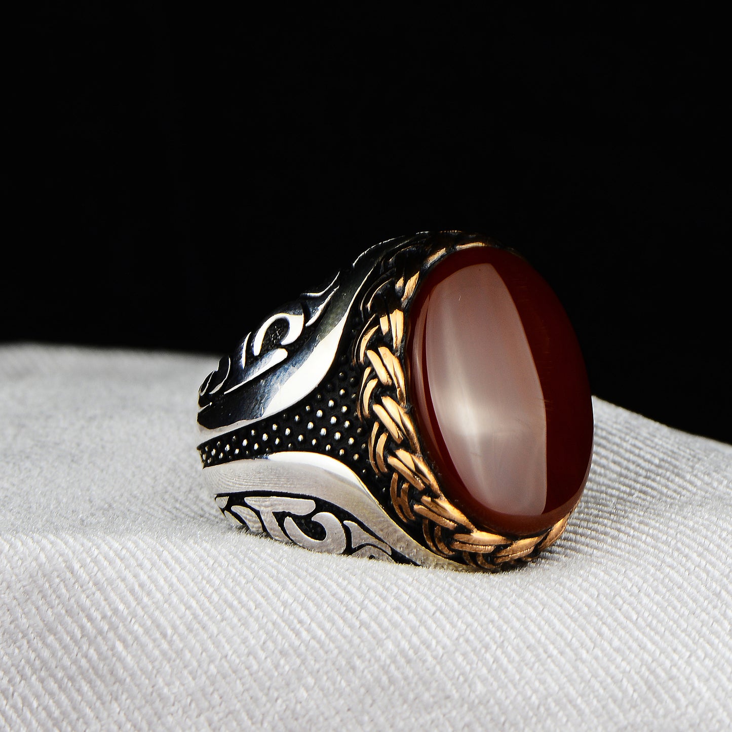 Men Silver Handmade Red Agate Stone Ring