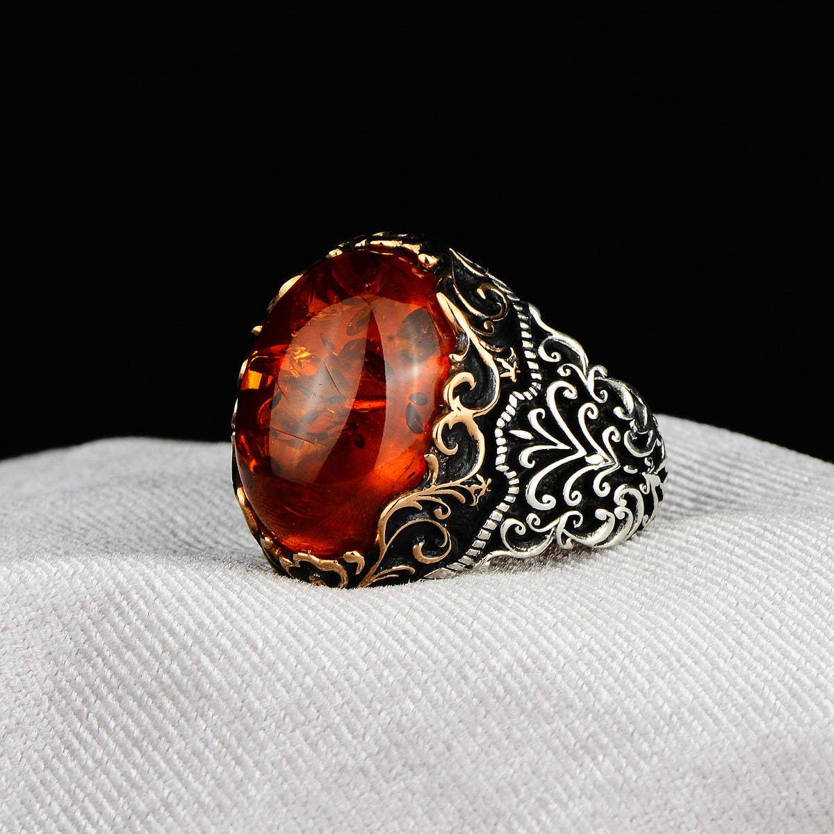 Silver Ottoman Style Natural Amber Stone Ring