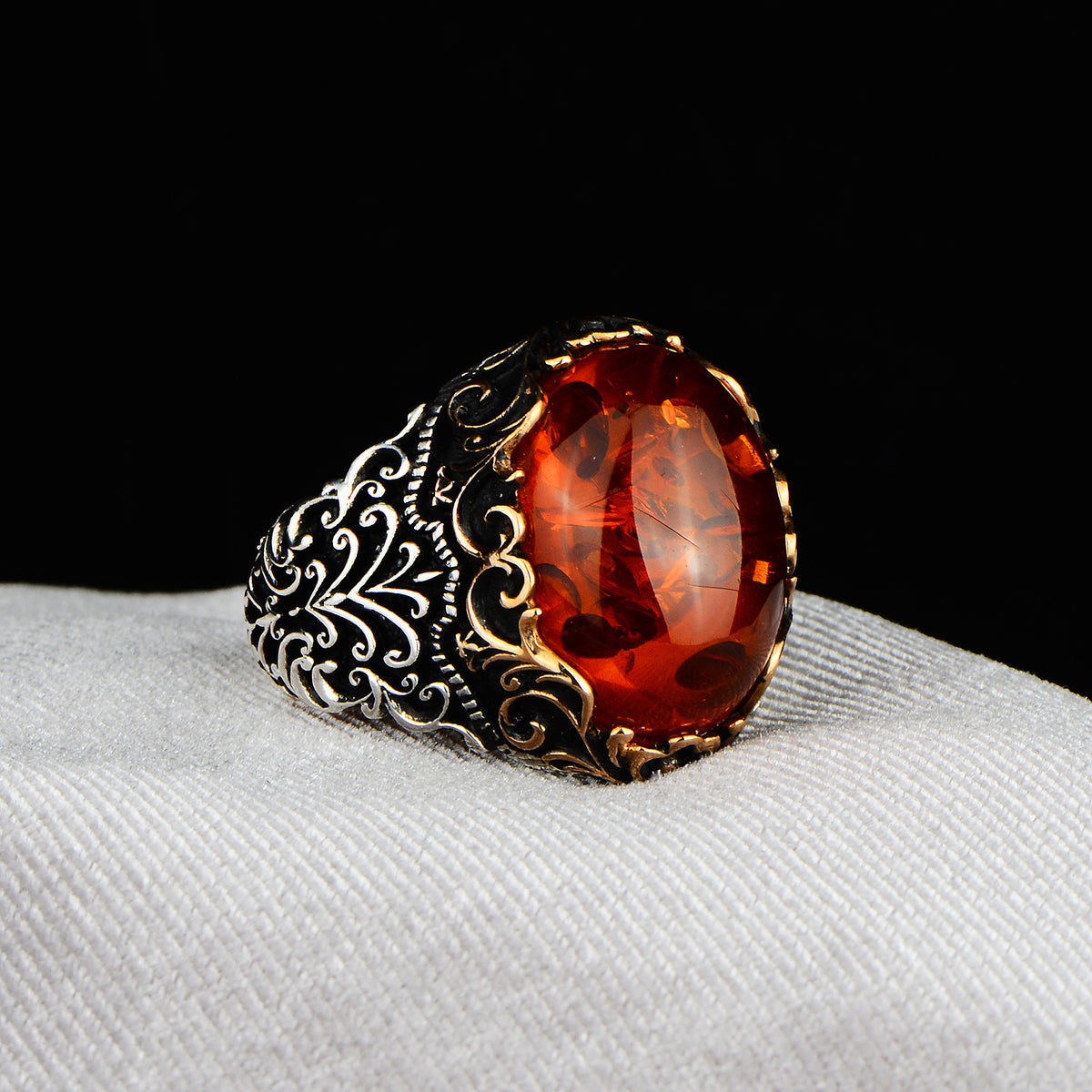 Silver Ottoman Style Natural Amber Stone Ring