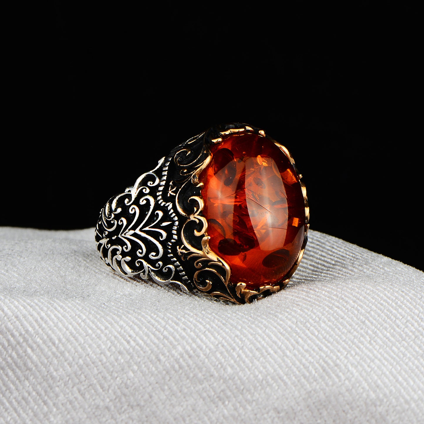 Silver Ottoman Style Natural Amber Stone Ring