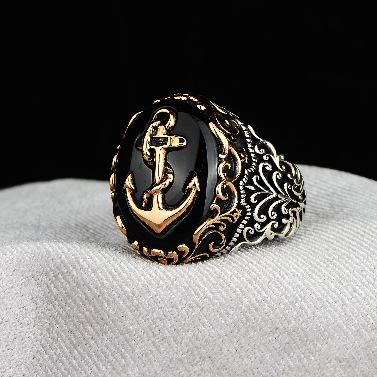 Silver Anchor Style Onyx Stone Ring