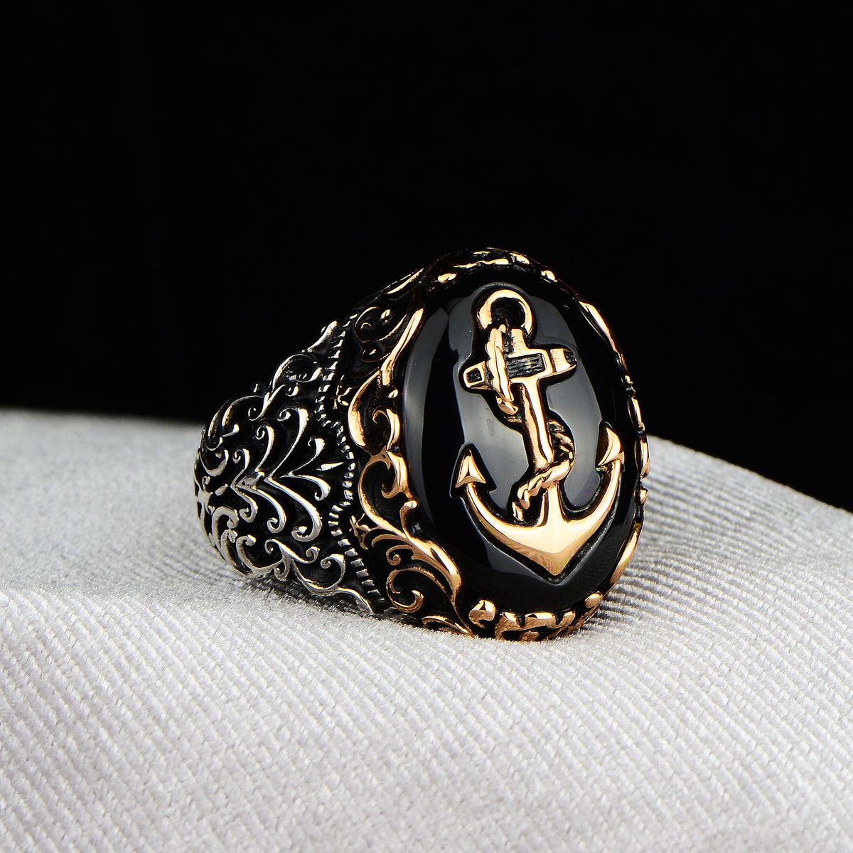 Silver Anchor Style Onyx Stone Ring