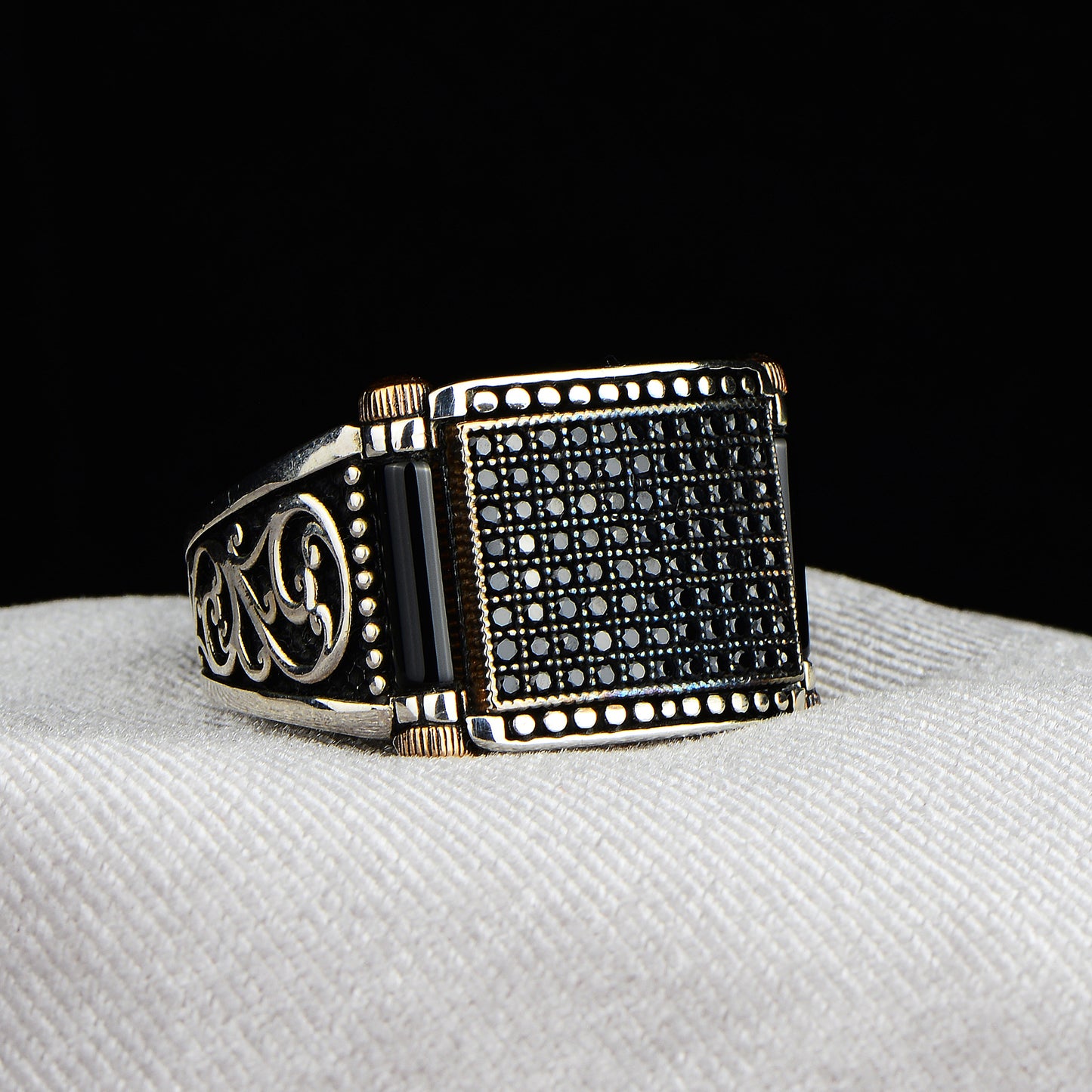 Silver Black Micro Stone Square Style Ring