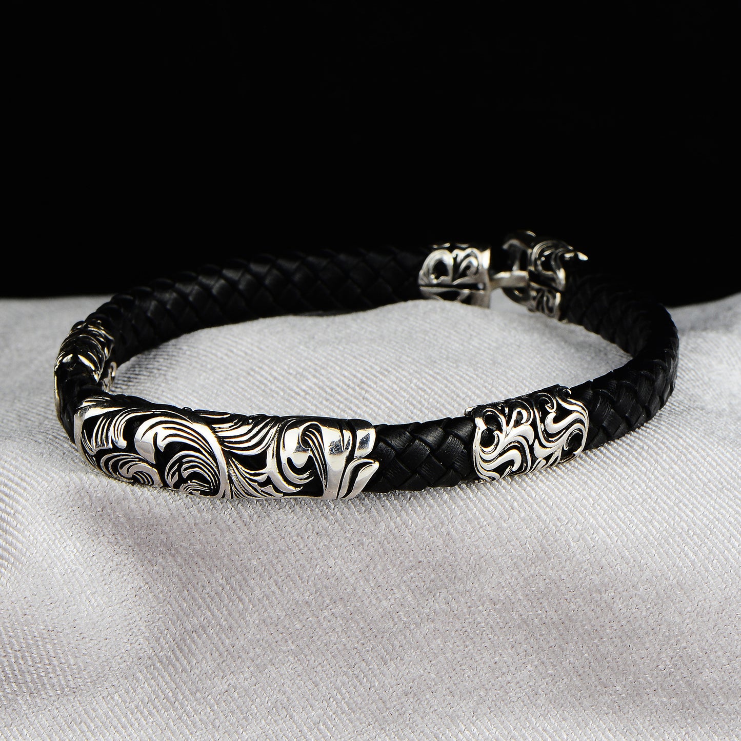 Silver Handmade Black Leather Bracelet