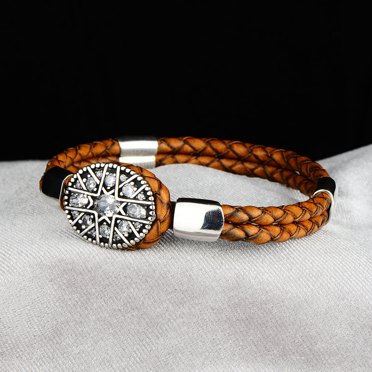 Handmade Silver Zircon Stone Leather Bracelet