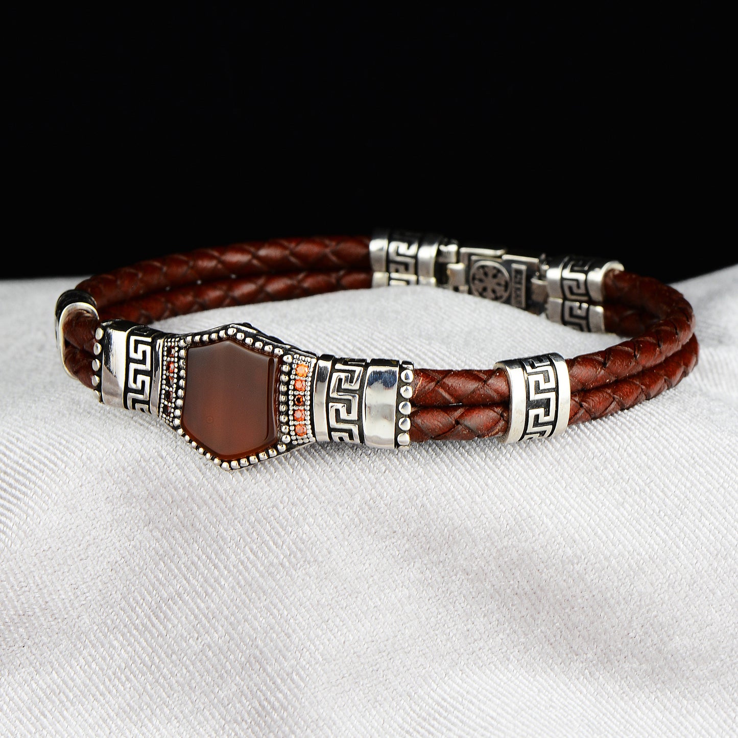 Men Handmade Greek Style Agate Stone Leather Bracelet