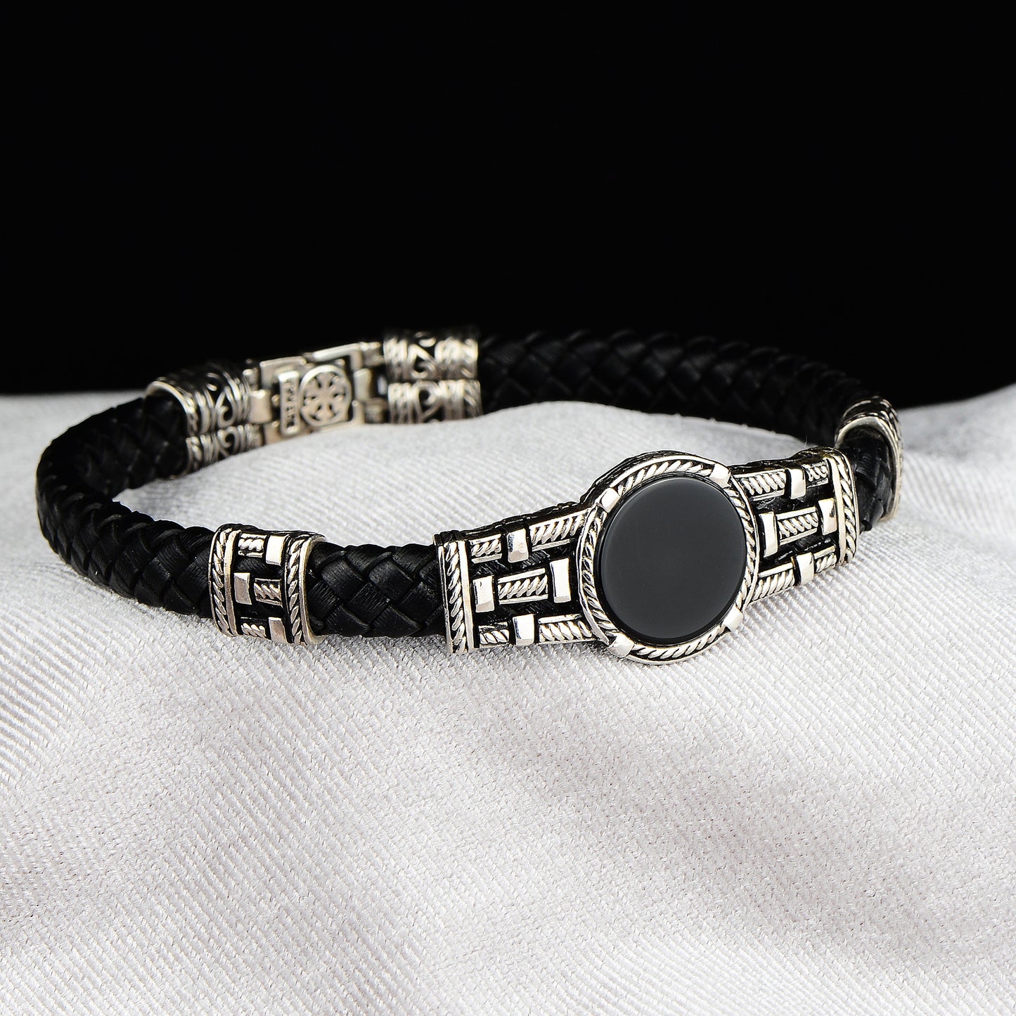Silver Onyx Stone Black Leather Bracelet