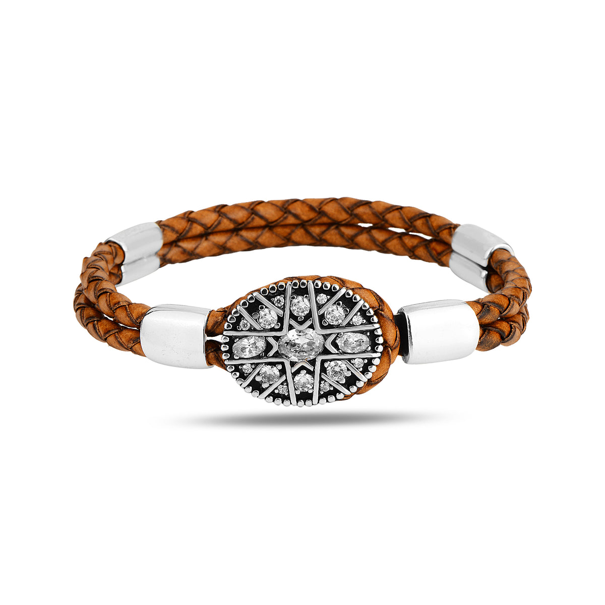 Handmade Silver Zircon Stone Leather Bracelet