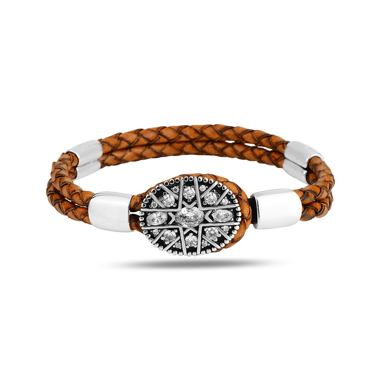 Handmade Silver Zircon Stone Leather Bracelet