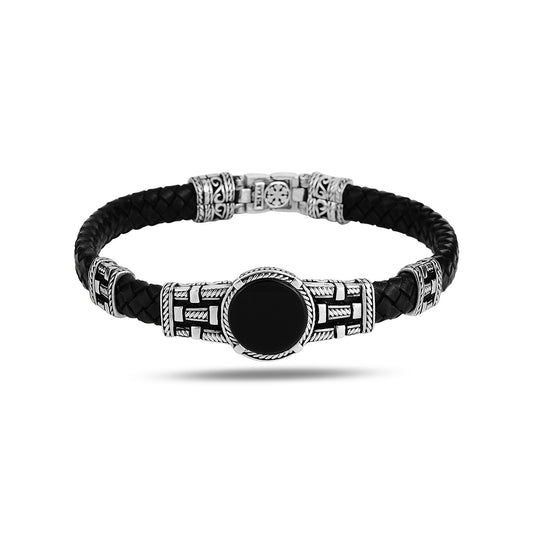 Silver Onyx Stone Black Leather Bracelet
