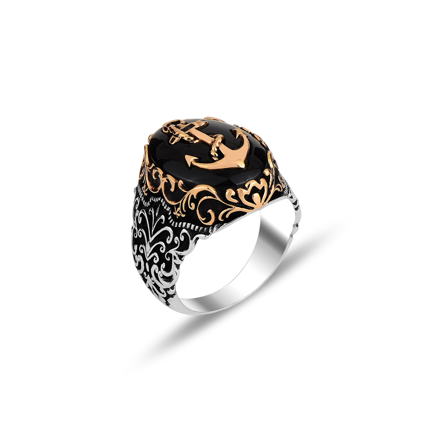 Silver Anchor Style Onyx Stone Ring