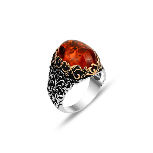 Silver Ottoman Style Natural Amber Stone Ring