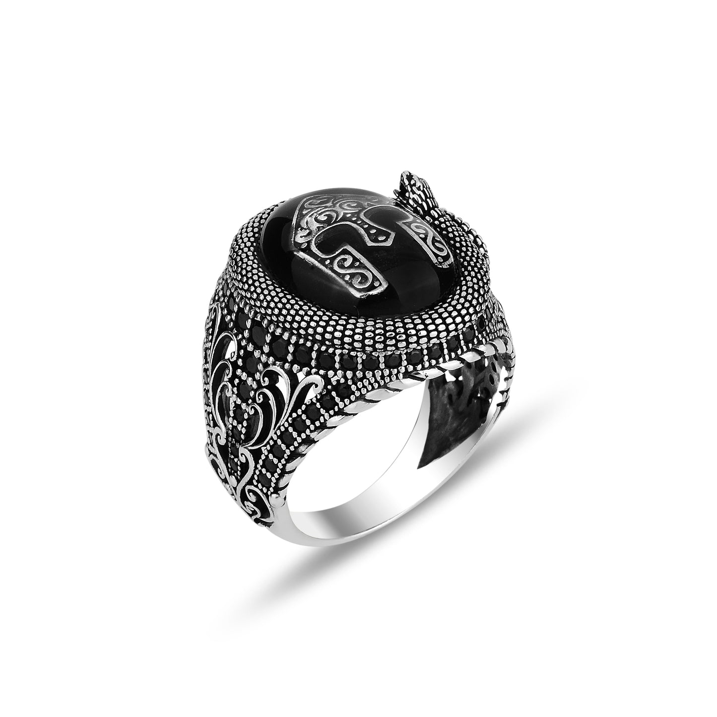 Silver Snake Model Knight Onyx Stone Ring