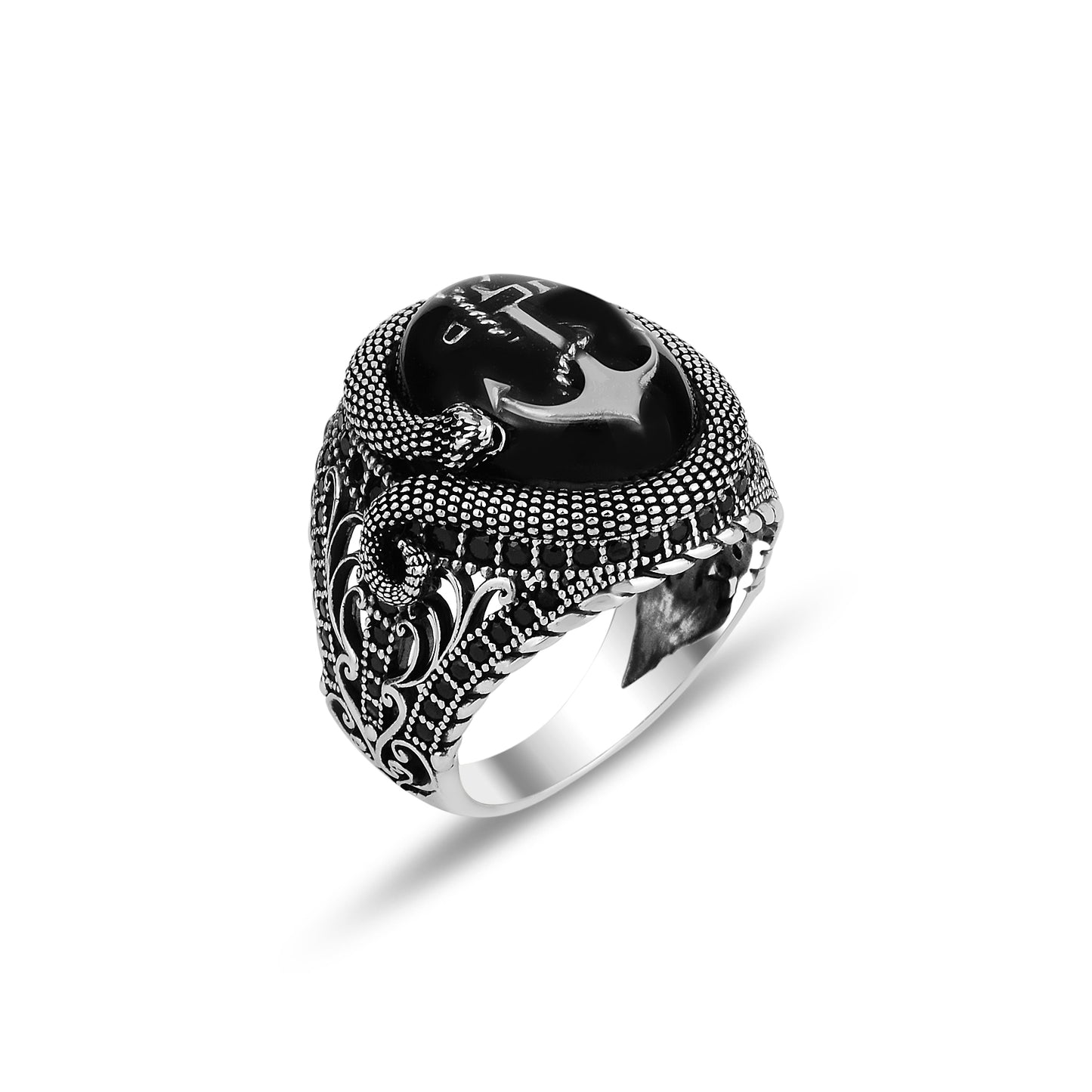 Silver Onyx Stone Anchor Model Ring