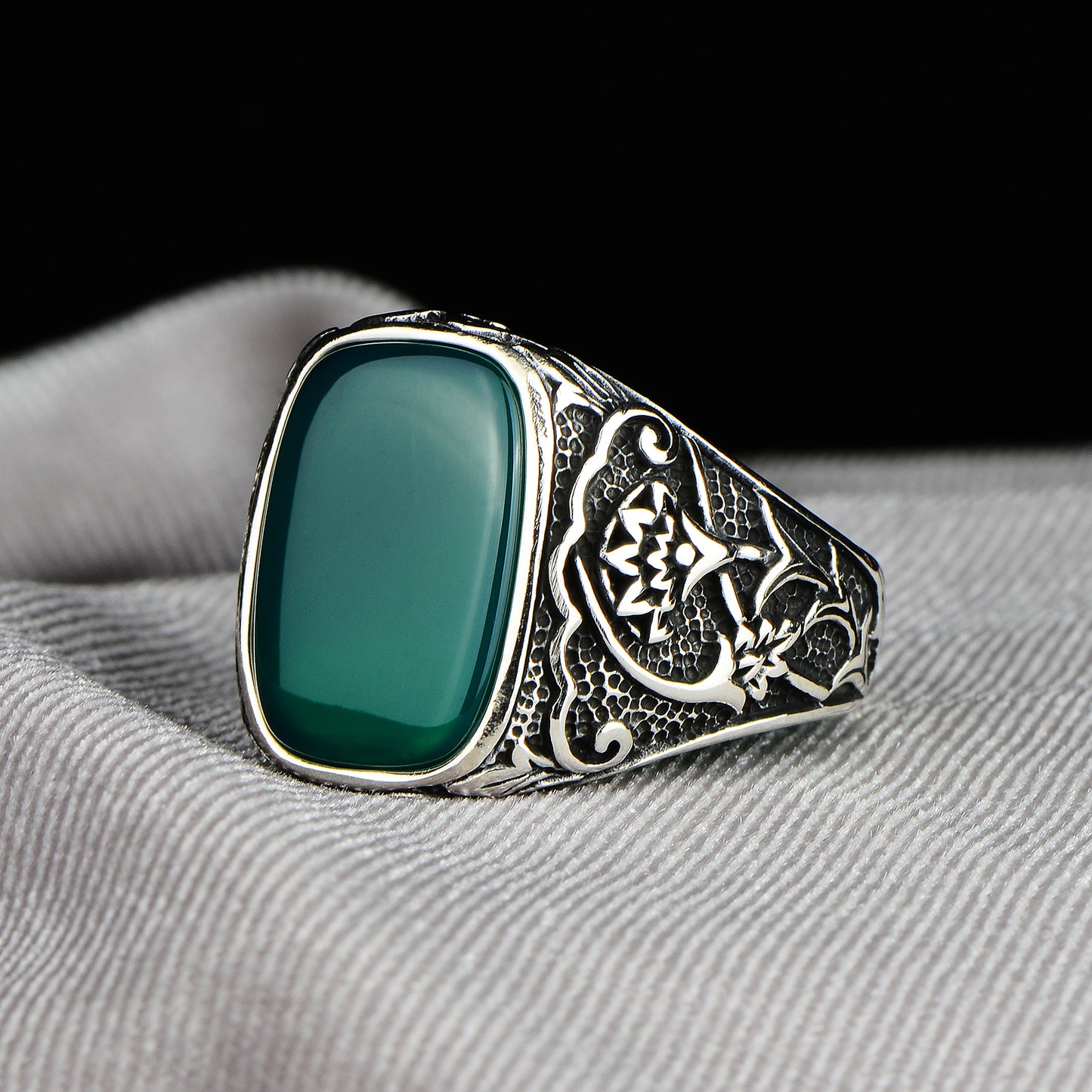 Men Handmade Square Green Agate Stone Ring