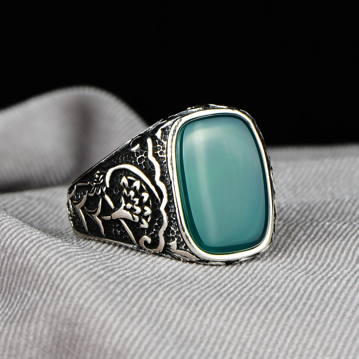 Men Handmade Square Green Agate Stone Ring
