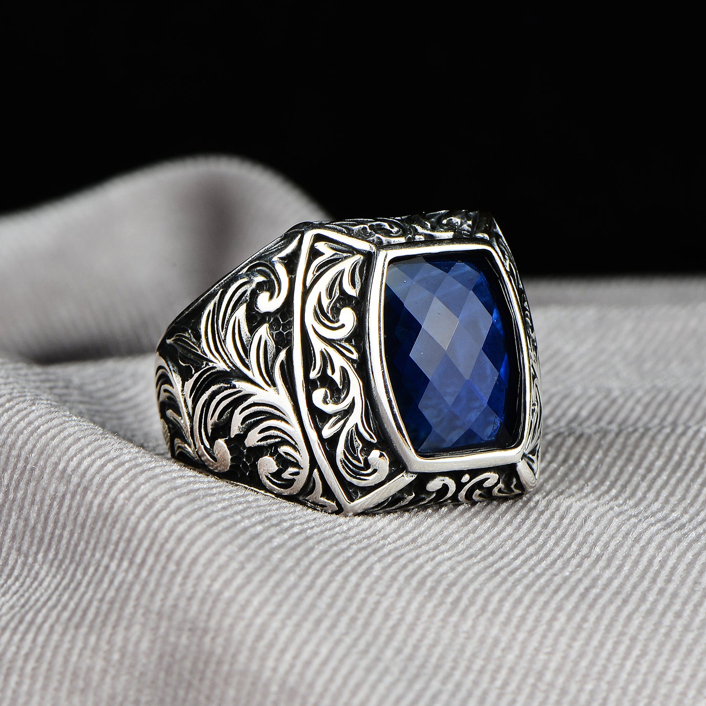 Silver Embroidered Handmade Sapphire Stone Ring