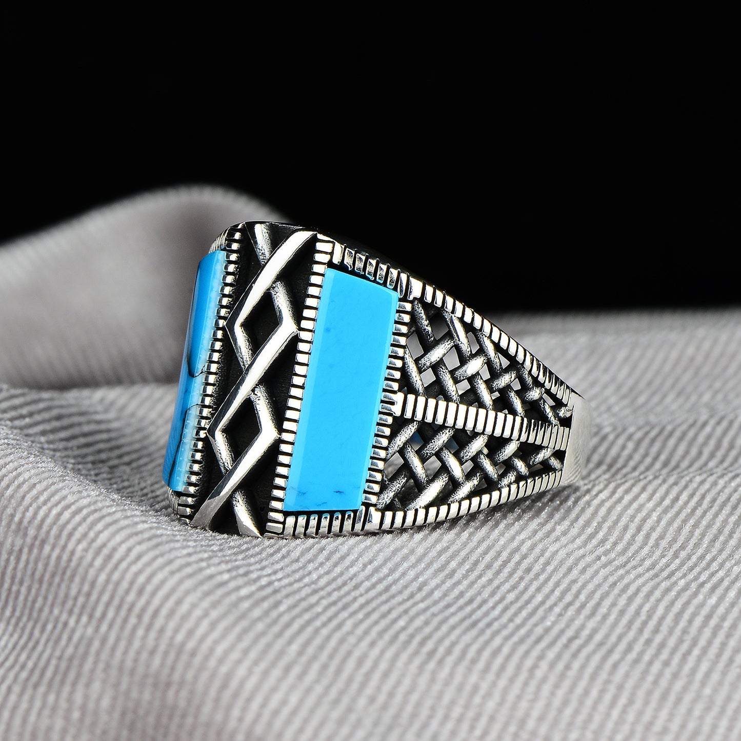 Silver Handmade Patterned Turquoise Stone Ring
