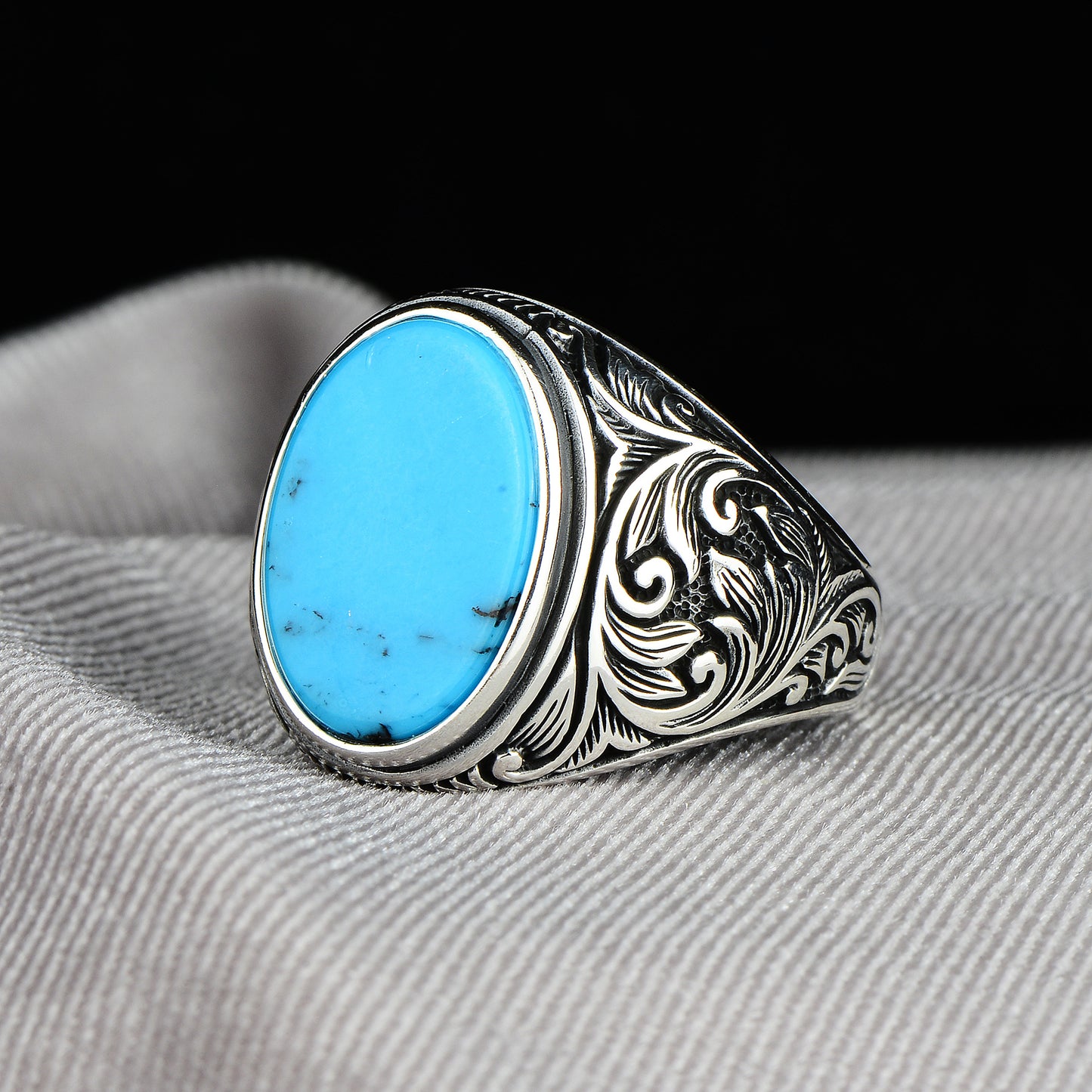 Silver Handmade Oval Turquoise Embroidered Ring