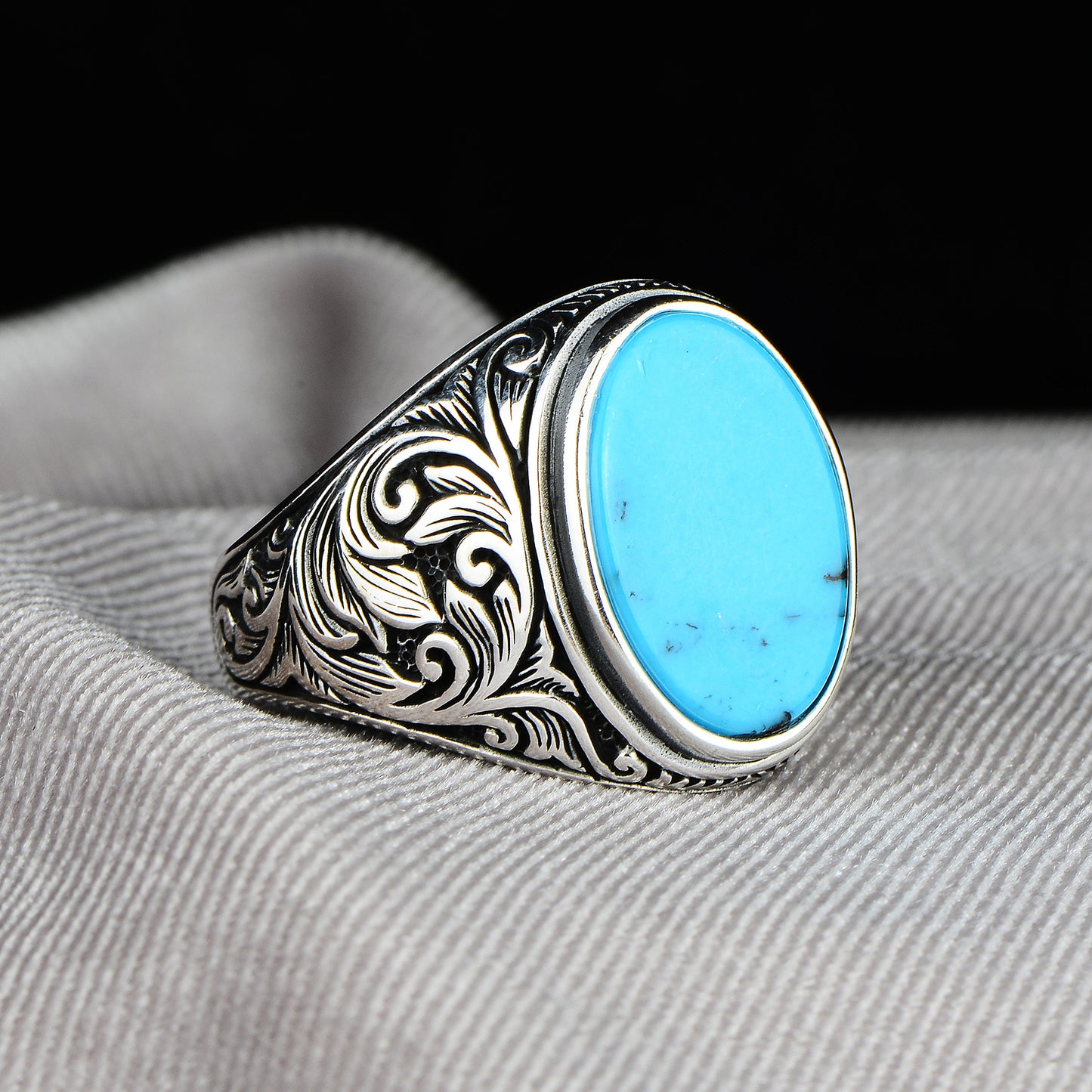 Silver Handmade Oval Turquoise Embroidered Ring