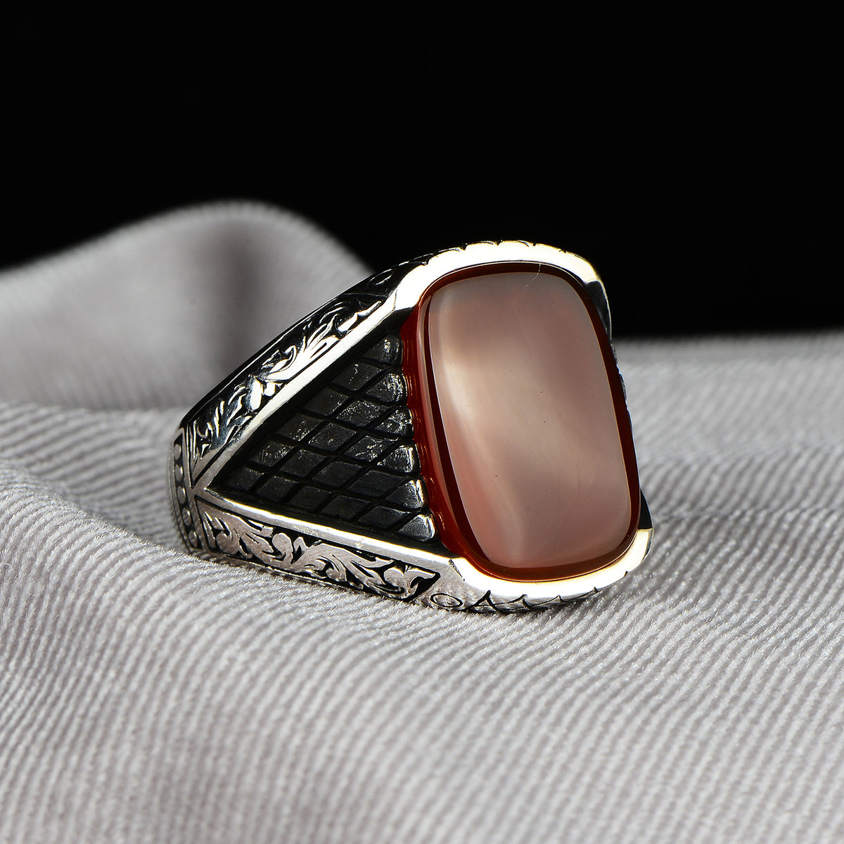 Silver Handmade Red Agate Stone Man Ring