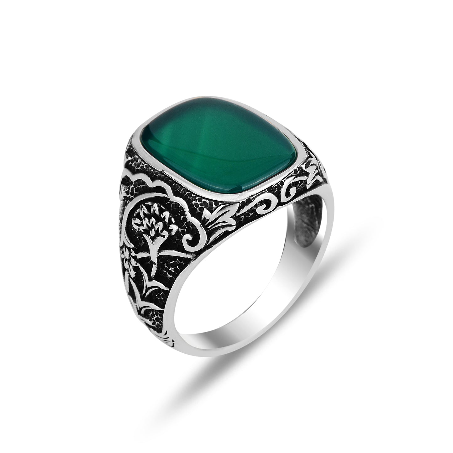 Men Handmade Square Green Agate Stone Ring