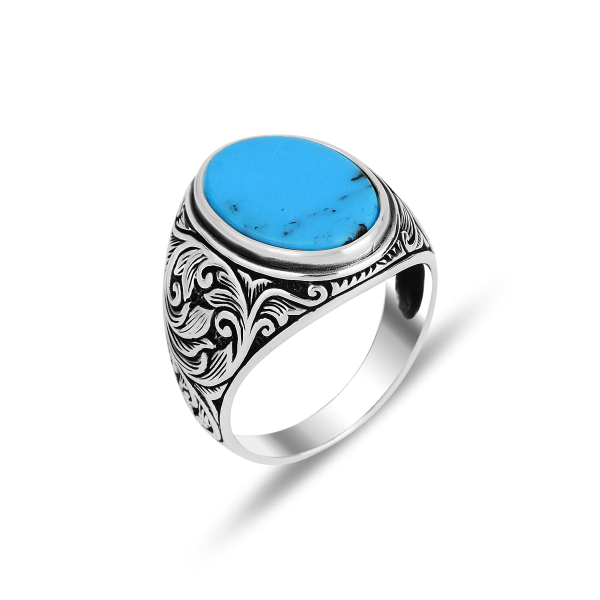 Silberner handgefertigter ovaler türkisfarbener bestickter Ring