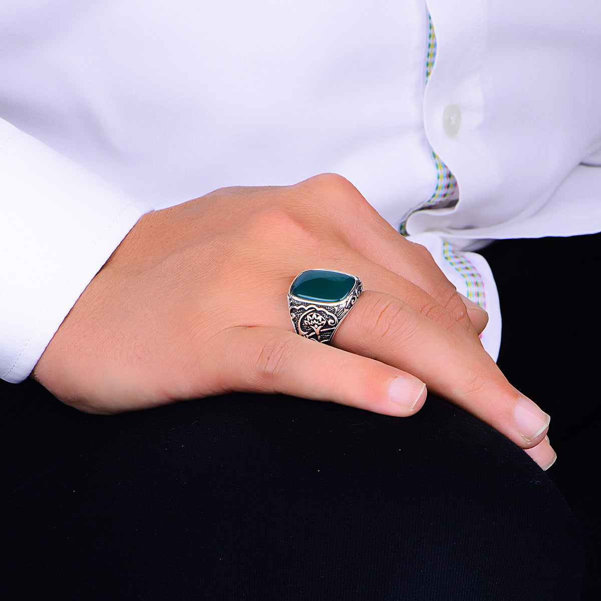 Men Handmade Square Green Agate Stone Ring