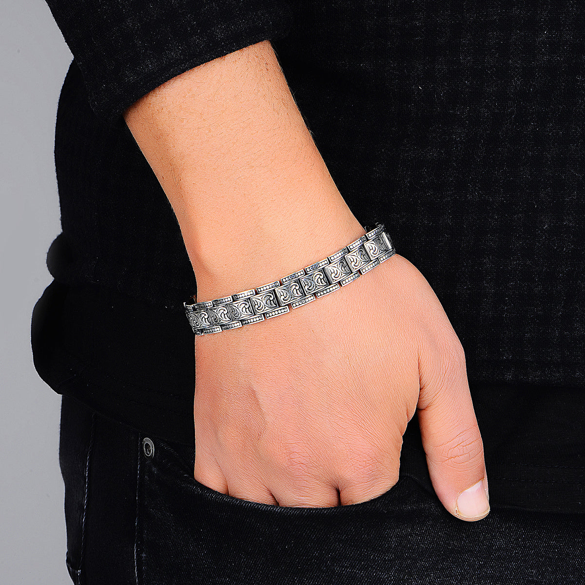 Silver Handmade Embroidered Thick Bracelet