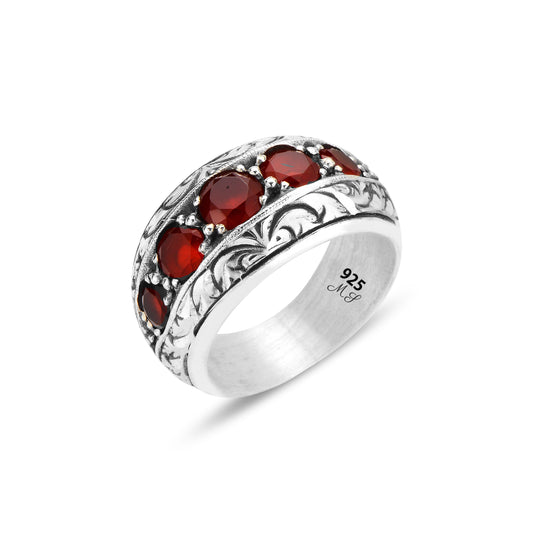 Men Handmade Engraved Ruby Stone Band Wedding Ring