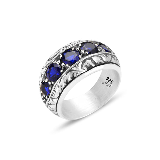 Men Handmade Engraved Sapphire Wedding Band Ring