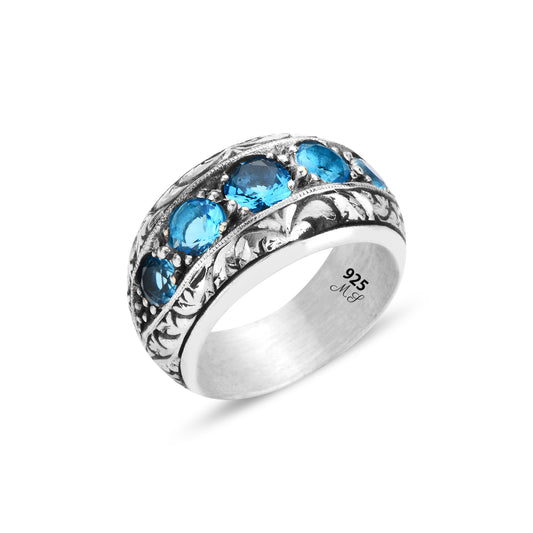 Men Silver Handmade Aquamarine Band Engraved Ring