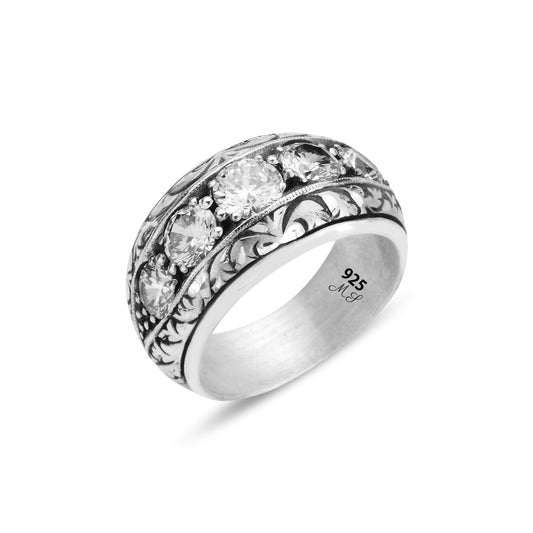 Silver Handmade Moissanite Stone Engraved Men Ring