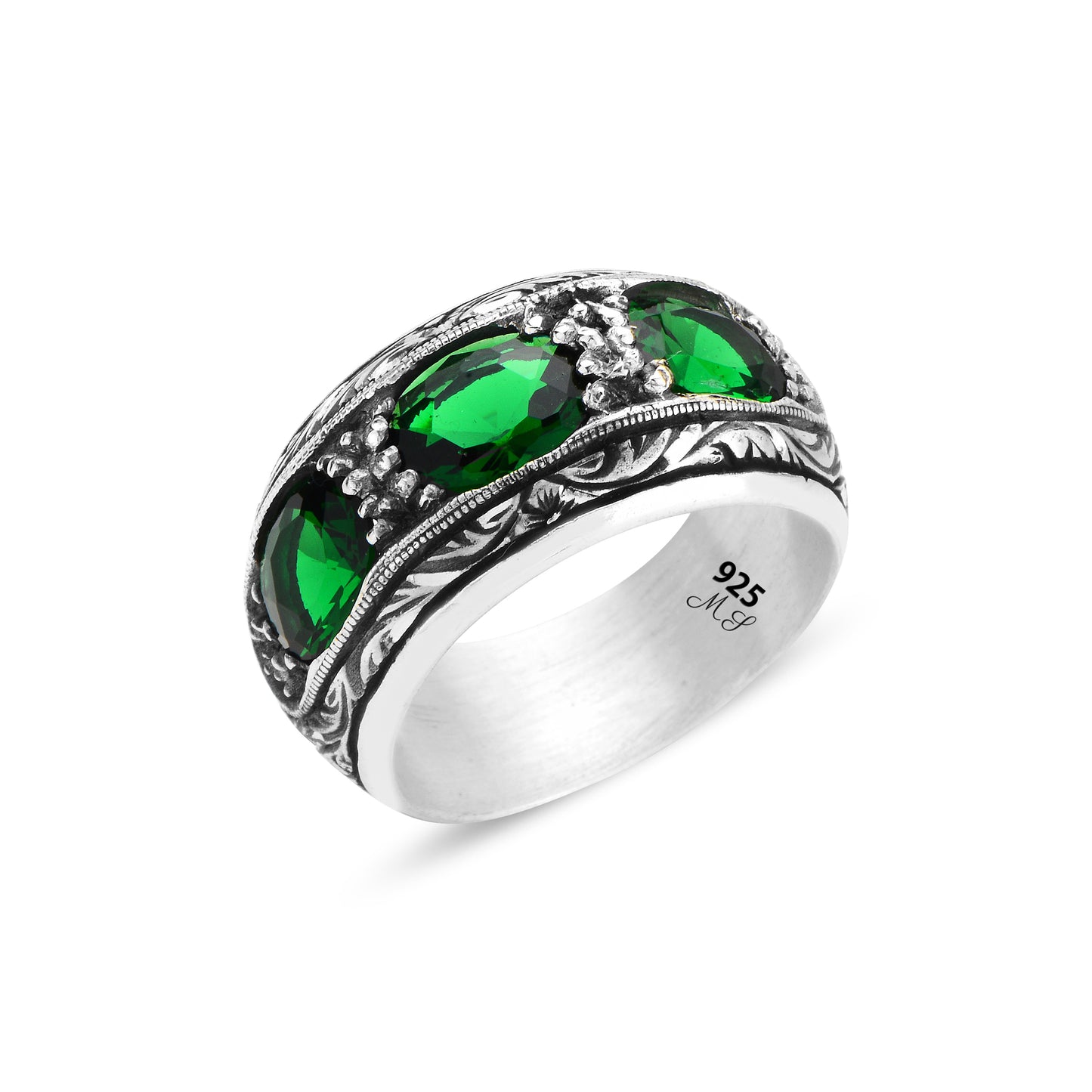 Men Handmade Engraved Green Emerald Stone Wedding Band Ring